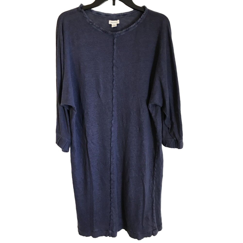 Sundance Linen Tunic Shirt Dress Blue Size‎ M Fringe Raw Hem Casual Vacation